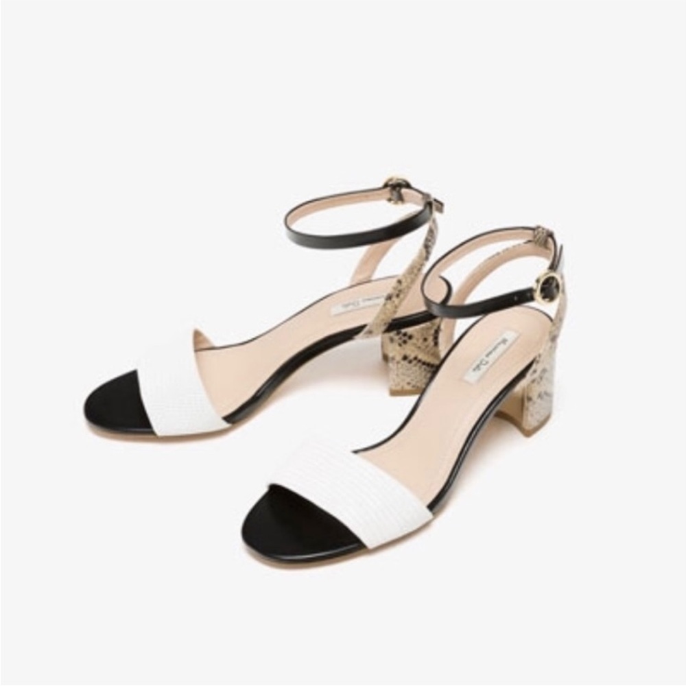 Dutti Snake Print Block Heel Sandals EU 38 / US 7.5 Black White Leather | NWOT